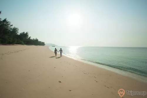 Cảnh bãi biển đẹp tại đảo Cô Tô con, người đang nắm tay nhau đi trên bãi biển, ảnh chụp đứng trên bãi biển, cây cối gần bờ biển, bầu trời nắng chói