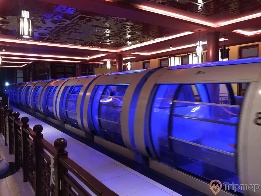 Tàu Monorail, tàu có màu trắng, ánh sáng xanh trong tàu, hàng rào bằng gỗ màu nâu
