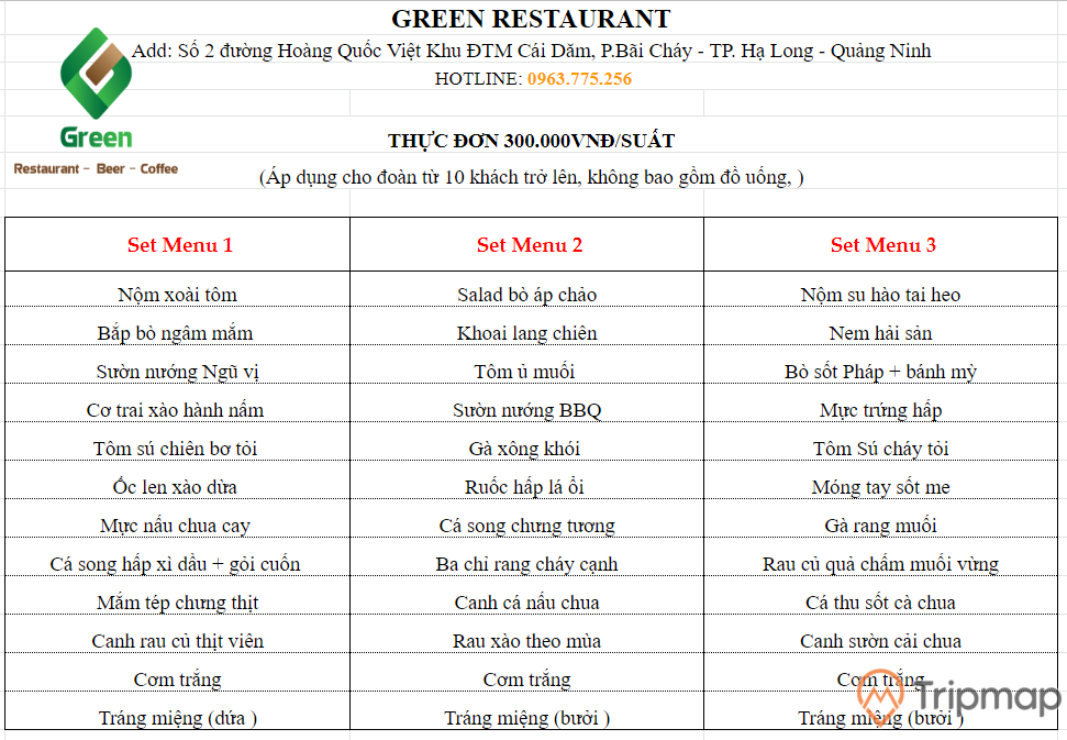 Menu set các món của nhà hàng Green Hạ Long