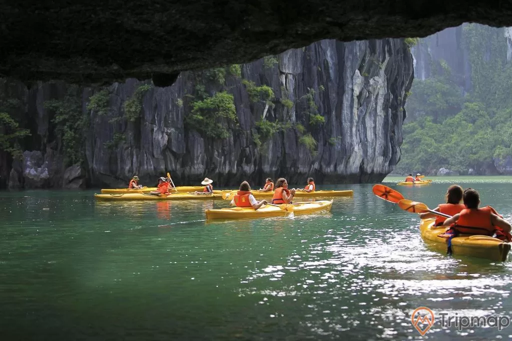 a group of people in kayaks in a river with a waterfall