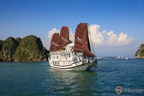 a large ship in the water with Ha Long Bay in the background