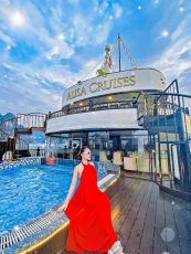 a person in a red dress standing on a dock by a large cruise ship