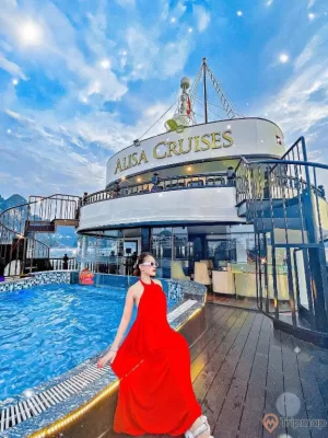 a person in a red dress standing on a dock by a large cruise ship