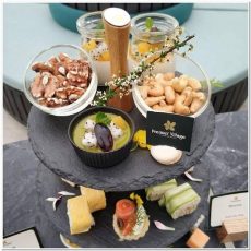 a table with food and drinks on it