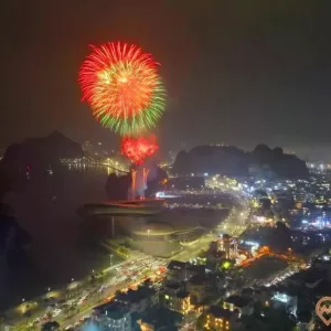 a firework exploding over a city