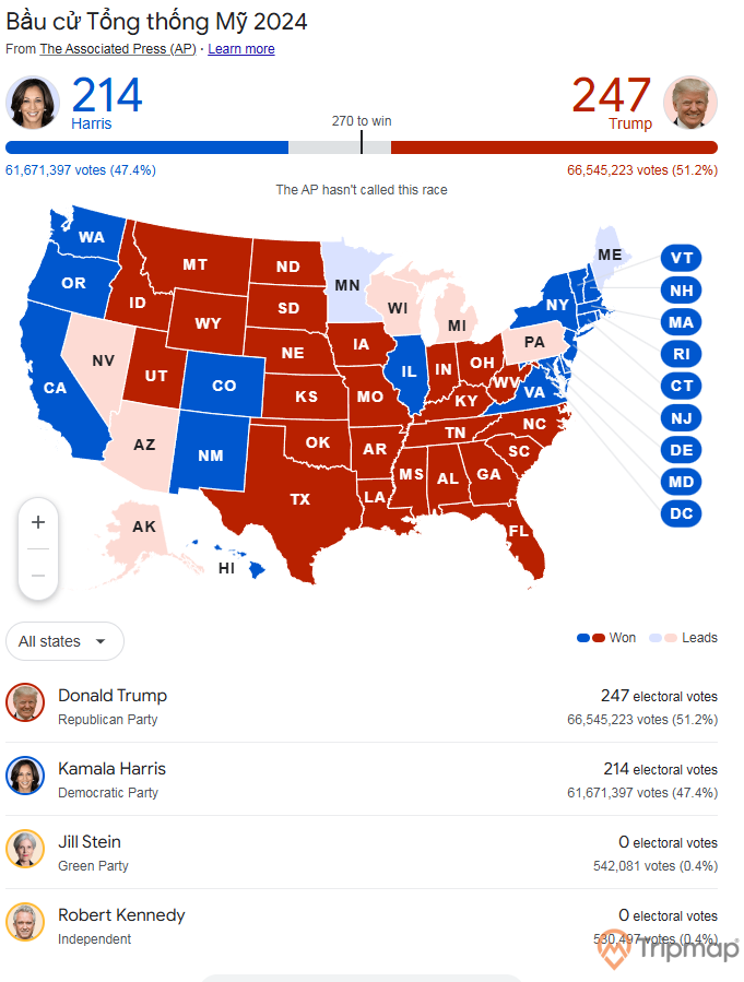 Kết quả bầu cử tổng thống Mỹ cập nhật mới nhất lúc 13:30 GMT+7 ngày 06 tháng 11